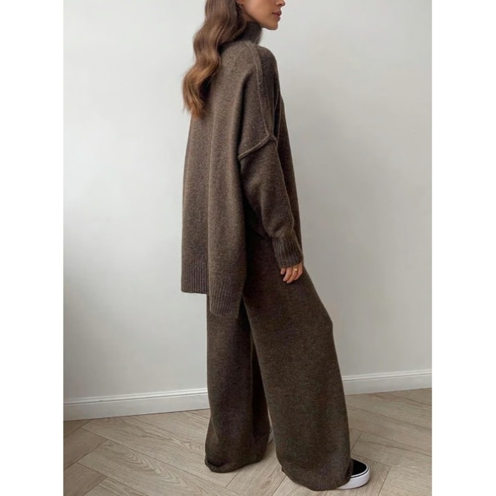 cOMMENSE Oversized Knit Two Piece Set Turtleneck Wide Leg Pants Brown Loungewear - Picture 2 of 12